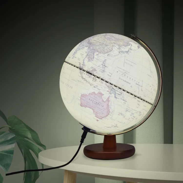 30cm (12") Antique World Globe with Hardwood Base & Metal Meridian - World Globe